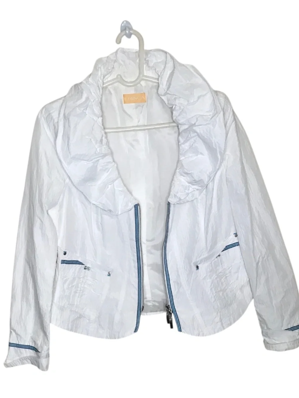 Crisca White Crinkle Zip Jacket Lightweight Oversized Collar Jacket Size L - Picture 2 of 11